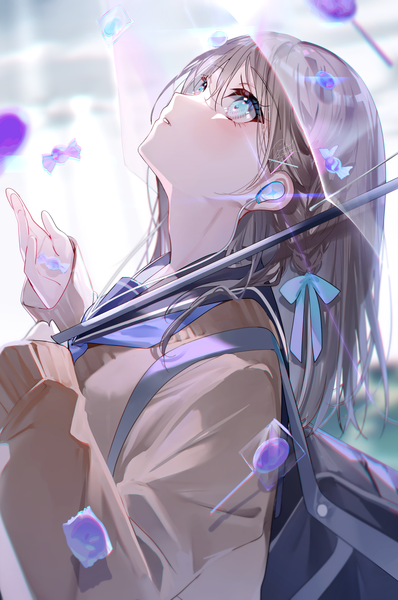 Anime picture 1085x1637 with original miwano rag single long hair tall image blush fringe blue eyes holding signed upper body braid (braids) long sleeves parted lips profile blurry depth of field sleeves past wrists looking up side braid