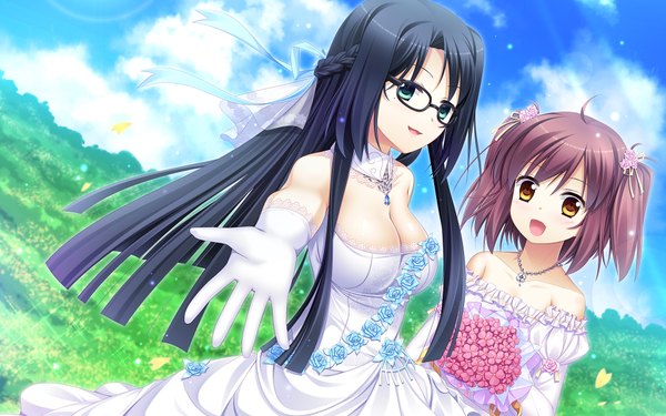 Anime picture 1920x1200 with original 33paradox long hair highres short hair open mouth blue eyes black hair twintails multiple girls brown eyes sky purple hair cloud (clouds) girl dress gloves flower (flowers) 2 girls glasses