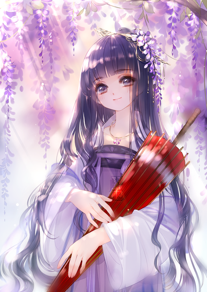 Anime picture 700x988 with card captor sakura clamp daidouji tomoyo keylin-lin- single long hair tall image looking at viewer fringe purple eyes holding purple hair upper body blunt bangs traditional clothes light smile alternate costume chinese clothes wavy hair closed umbrella