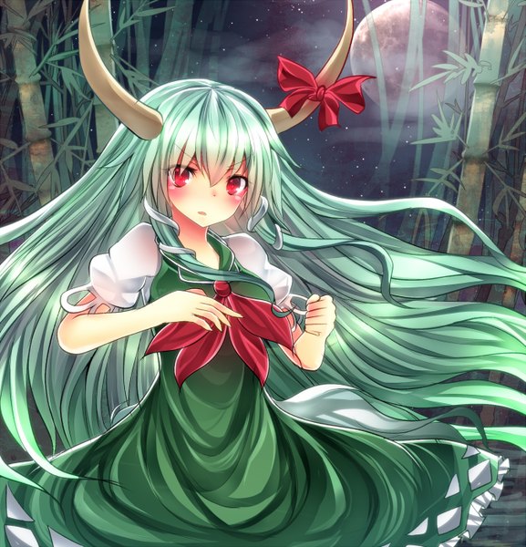 Anime picture 1347x1400 with touhou kamishirasawa keine ex-keine e-co single long hair tall image looking at viewer blush red eyes horn (horns) green hair night bamboo forest girl dress bow plant (plants) tree (trees) moon