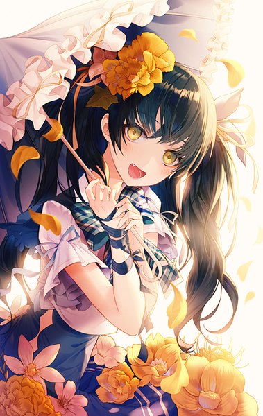 Anime picture 580x916 with original develop2 single long hair tall image looking at viewer blush fringe open mouth black hair simple background smile standing holding yellow eyes head tilt :d hair flower short sleeves fang (fangs)