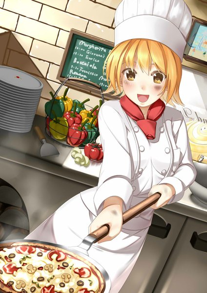 Anime picture 706x1000 with original kinugasa yuuichi single tall image blush short hair open mouth blonde hair yellow eyes :d cooking chef girl uniform food vegetables mushroom (mushrooms) kitchen pizza pepper (vegetable)