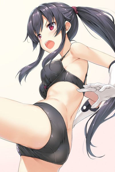 Anime picture 672x1000 with kantai collection yahagi light cruiser takayaki single long hair tall image blush fringe breasts open mouth light erotic black hair simple background red eyes bare shoulders payot looking away ass ponytail from below