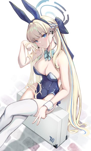 Anime picture 2056x3416 with blue archive toki (blue archive) toki (bunny) (blue archive) peropicnic single tall image looking at viewer highres breasts blue eyes light erotic blonde hair large breasts sitting animal ears cleavage very long hair from above bunny ears crossed legs