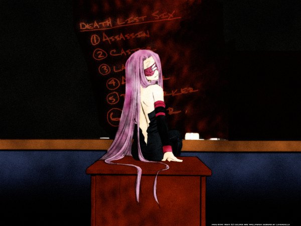 Anime picture 1600x1200 with fate (series) fate/stay night studio deen type-moon rider single smile sitting bare shoulders pink hair very long hair looking back from behind back undressing blindfold girl detached sleeves table blackboard