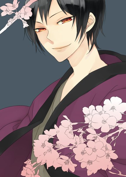 Anime picture 1173x1653 with durarara!! brains base (studio) orihara izaya single tall image short hair black hair simple background smile red eyes traditional clothes japanese clothes grey background boy flower (flowers)