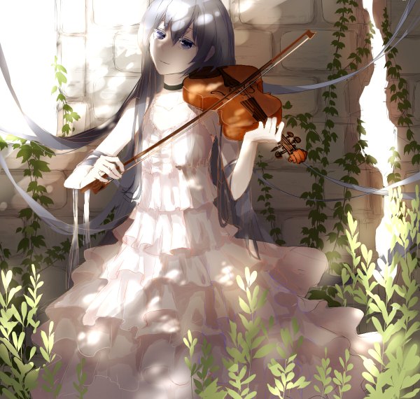 Anime picture 1200x1140 with original mchi (artist) single fringe blue eyes holding looking away very long hair light smile grey hair sunlight playing instrument treble clef girl dress plant (plants) white dress musical instrument wall musical note