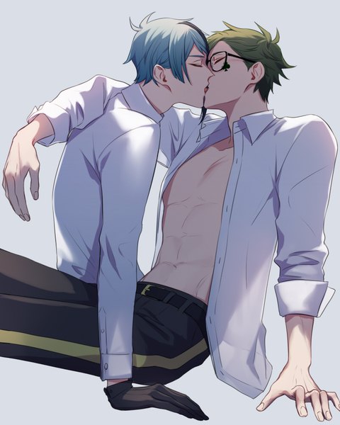 Anime picture 800x1000 with twisted wonderland jade leech trey clover dodoss dont tall image short hair light erotic simple background eyes closed multicolored hair green hair aqua hair grey background arm support multiple boys open shirt streaked hair facial mark muscle kiss