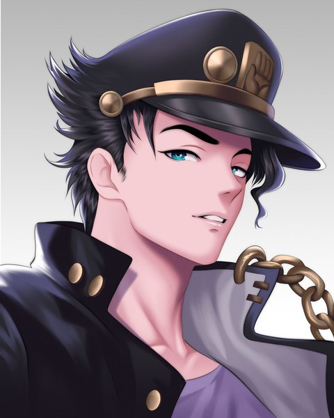 Anime picture 2592x3240 with jojo no kimyou na bouken kujo jotaro aldrich single tall image looking at viewer highres short hair black hair simple background upper body parted lips aqua eyes gradient background portrait boy hat chain