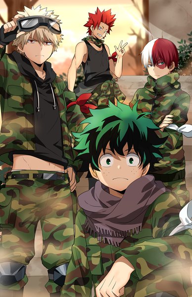 Anime picture 700x1082 with boku no hero academia studio bones todoroki shouto midoriya izuku bakugou katsuki kirishima eijirou kurot tall image looking at viewer fringe short hair blue eyes blonde hair smile hair between eyes red eyes standing bare shoulders green eyes upper body