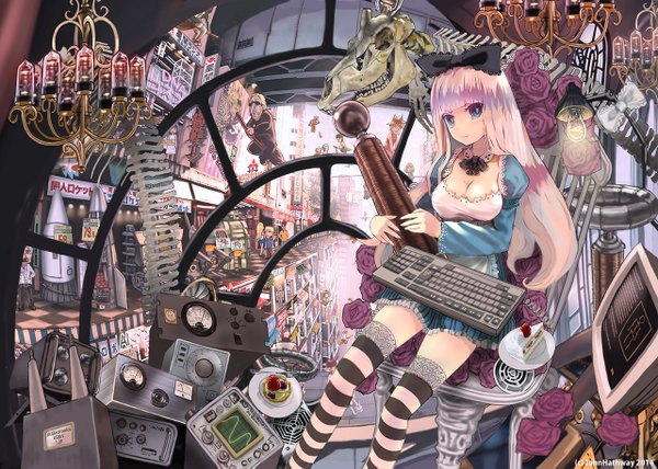 Anime picture 1280x915 with original john hathway long hair looking at viewer fringe breasts sitting holding cleavage indoors zettai ryouiki skeleton girl thighhighs dress flower (flowers) bow hair bow food frills