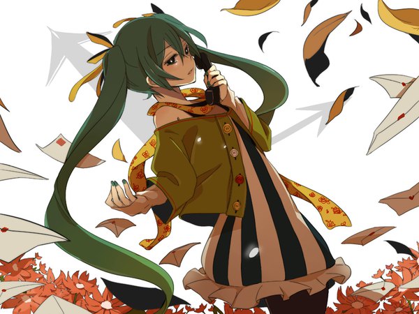 Anime picture 853x640 with vocaloid hatsune miku lowe (slow) single long hair fringe hair between eyes twintails looking away nail polish green hair black eyes outstretched arm striped girl dress flower (flowers) scarf leaf (leaves) buttons