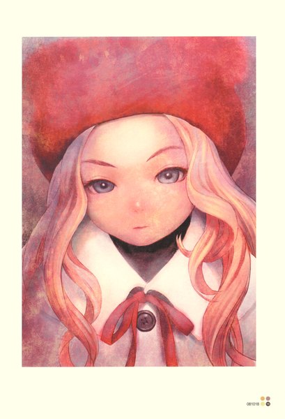 Anime picture 2385x3499 with futurelog (artbook) futuregraph range murata single long hair tall image looking at viewer highres blue eyes blonde hair upper body scan border wavy hair expressionless girl ribbon (ribbons) hat beret