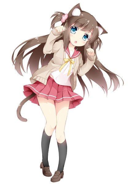 Anime picture 1000x1396 with original inumine aya single long hair tall image looking at viewer blush fringe open mouth blue eyes simple background brown hair white background animal ears full body tail animal tail cat ears cat girl cat tail