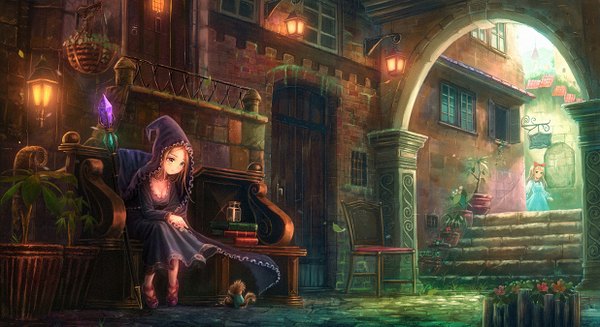 Anime picture 1235x675 with original yoshitake long hair blonde hair smile brown hair wide image sitting multiple girls green eyes bent knee (knees) outdoors girl 2 girls animal window book (books) hood building (buildings) chair