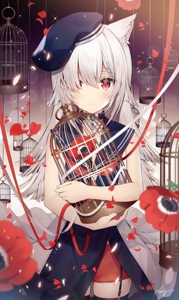 Anime picture 600x1005 with original necomi (gussan) single long hair tall image looking at viewer blush fringe red eyes standing signed animal ears payot silver hair cat ears hair over one eye cat girl depth of field sailor collar girl