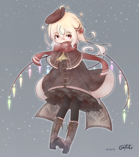 Anime picture 2642x2985 with touhou flandre scarlet coreytaiyo single tall image looking at viewer fringe highres blonde hair hair between eyes red eyes standing signed full body ahoge long sleeves grey background wide sleeves one side up dated