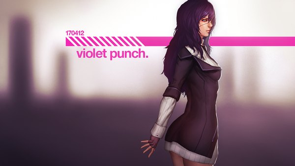 Anime picture 1400x788 with original arieaesu single long hair looking at viewer fringe breasts wide image standing purple hair long sleeves profile girl dress gloves hair ornament hairclip fingerless gloves short dress eyepatch