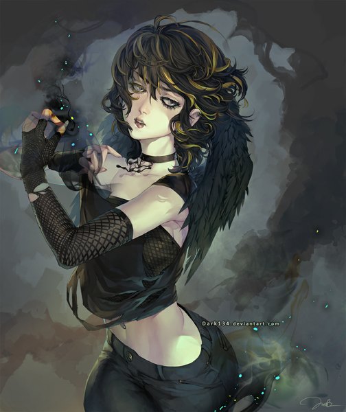 Anime picture 933x1111 with dark134 single tall image fringe standing multicolored hair lips two-tone hair midriff wavy hair eyeshadow black wings head wings glow girl gloves navel wings choker black gloves