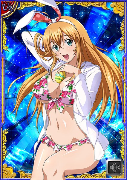 Anime picture 567x800 with ikkitousen sonsaku hakufu single long hair tall image fringe breasts open mouth light erotic blonde hair hair between eyes large breasts animal ears cleavage aqua eyes open jacket bunny ears underboob floral print fake animal ears