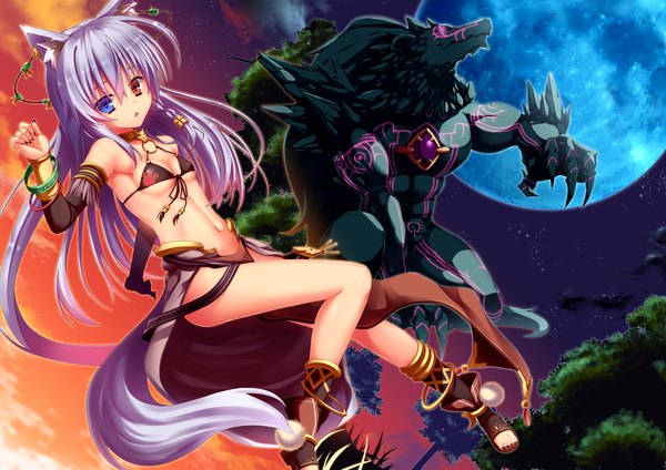 Anime picture 1753x1240 with original yuzu modoki long hair highres light erotic animal ears silver hair animal tail girl navel swimsuit detached sleeves bikini bracelet moon monster