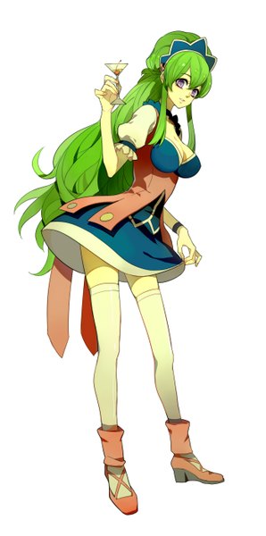 Anime picture 1394x2804 with ixion saga: dimension transfer brains base (studio) mariandale nanjou (sumeragimishiro) single long hair tall image looking at viewer breasts simple background white background purple eyes green hair otoko no ko thighhighs boy white thighhighs cocktail glass
