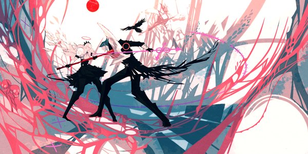 Anime picture 2500x1251 with original nanomortis (artist) long hair highres short hair smile red eyes wide image blue hair white hair battle hair over eyes girl boy weapon animal bird (birds) axe