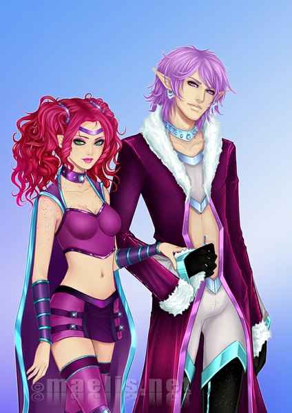 Anime picture 700x990 with original m-aelis long hair tall image looking at viewer short hair breasts simple background purple eyes green eyes purple hair red hair lips pointy ears bare belly lipstick freckles girl boy navel