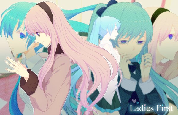 Anime picture 1385x900 with vocaloid hatsune miku megurine luka harano long hair fringe blue eyes twintails multiple girls pink hair eyes closed profile light smile aqua hair inscription hand on chest crying multiple persona girl skirt