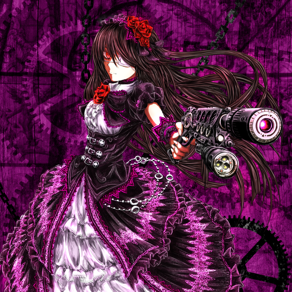 Anime picture 1000x1000 with date a live tokisaki kurumi amderxamder (artist) single long hair fringe breasts red eyes brown hair hair flower alternate costume outstretched arm lolita fashion goth-loli girl dress hair ornament flower (flowers) weapon rose (roses)