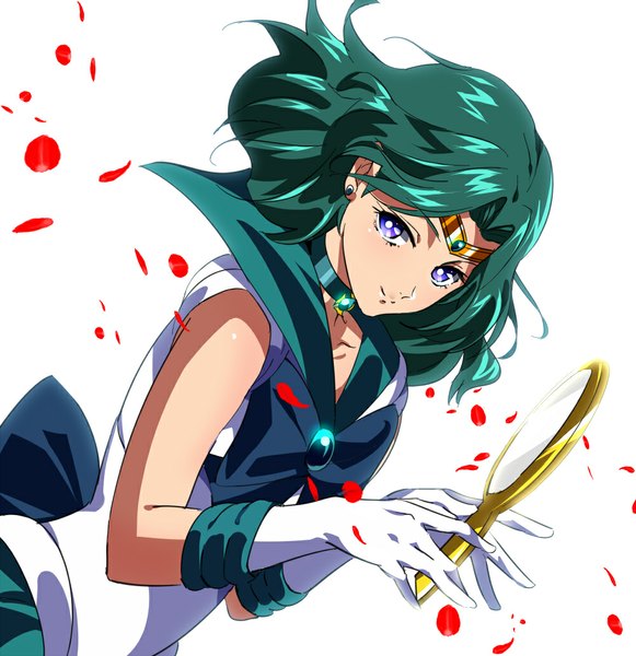 Anime picture 1000x1033 with bishoujo senshi sailor moon toei animation kaiou michiru sailor neptune yuna (rutera) single long hair tall image looking at viewer simple background white background purple eyes holding green hair wind glowing girl gloves earrings petals