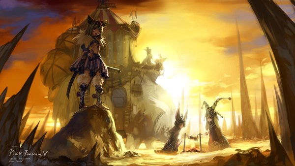 Anime picture 2000x1125 with original pixiv fantasia pixiv fantasia v observerz long hair highres short hair breasts blonde hair wide image multiple girls animal ears cat ears tattoo evening sunset landscape rock bone (bones) girl