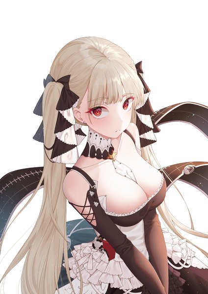 Anime picture 2090x2956 with azur lane formidable (azur lane) rufe 0v0 single long hair tall image looking at viewer highres breasts light erotic simple background blonde hair red eyes large breasts white background twintails cleavage from above girl dress