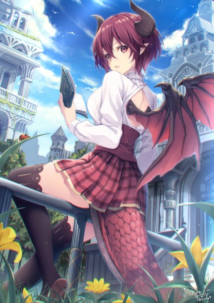 Anime picture 1414x2000 with princess connect! re:dive shingeki no bahamut manaria friends princess connect! shadowverse grea (shingeki no bahamut) yoshino ryou single tall image looking at viewer fringe short hair light erotic hair between eyes red eyes sitting holding signed sky cloud (clouds)