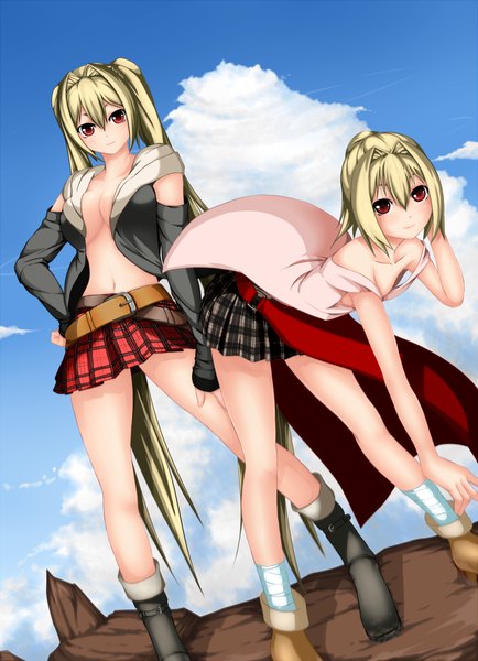 Anime picture 1000x1381 with original ayase tamaki long hair tall image looking at viewer short hair breasts light erotic blonde hair red eyes multiple girls cloud (clouds) girl navel 2 girls miniskirt boots