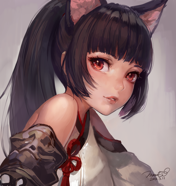 Anime picture 1980x2100 with tera online elin (tera) momoko (momopoco) single long hair tall image looking at viewer blush fringe highres black hair simple background red eyes signed animal ears payot ponytail blunt bangs traditional clothes parted lips