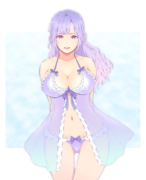 Anime picture 1624x2000 with dead or alive fiona (dead or alive) k-kun single long hair tall image looking at viewer blush fringe breasts open mouth light erotic simple background large breasts purple eyes payot purple hair parted lips teeth underwear only