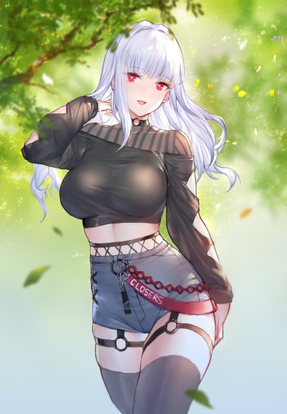 Anime-Bild 1595x2303 mit closers mirae (closers) swd3e2 single long hair tall image looking at viewer blush fringe breasts open mouth smile red eyes large breasts standing payot silver hair outdoors long sleeves head tilt