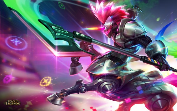 Anime picture 1920x1200 with league of legends hecarim (league of legends) tagme (artist) single long hair highres pink hair horn (horns) wallpaper mechanical weapon armor helmet