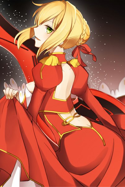 Anime picture 548x815 with fate (series) fate/extra type-moon nero claudius (fate) (all) nero claudius (fate) juugonichi single tall image looking at viewer fringe breasts open mouth blonde hair smile holding green eyes ahoge braid (braids) looking back puffy sleeves
