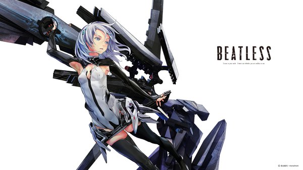 Anime picture 1920x1080 with beatless leicia redjuice single long hair highres blue eyes simple background wide image white background silver hair official art armpit (armpits) wallpaper copyright name mecha musume girl thighhighs weapon black thighhighs