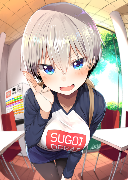 Anime picture 1640x2301 with uzaki-chan wa asobitai! original uzaki hana greatmosu single tall image looking at viewer blush fringe short hair breasts open mouth blue eyes hair between eyes large breasts silver hair indoors :d shadow fang (fangs)