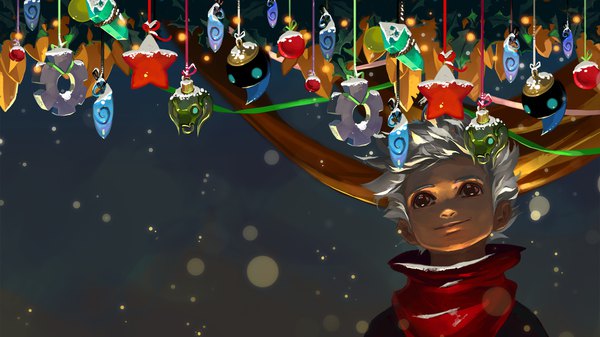 Anime picture 1920x1080 with bastion the kid (bastion) tagme (artist) single highres short hair smile wide image brown eyes white hair snowing boy scarf star (symbol) red scarf bauble