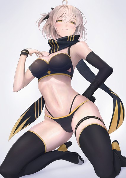 Anime picture 1063x1500 with fate (series) fate/grand order okita souji (fate) (all) okita souji (swimsuit assassin) (fate) imizu (nitro unknown) single tall image looking at viewer blush fringe short hair breasts light erotic simple background smile hair between eyes large breasts yellow eyes cleavage silver hair