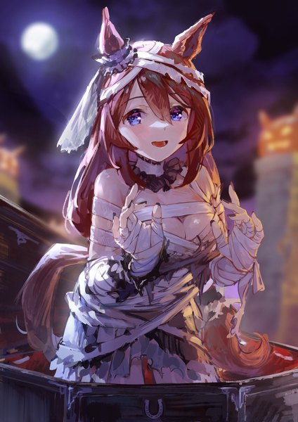Anime picture 2894x4093 with umamusume super creek (umamusume) super creek (chiffon ribbon mummy) (umamusume) yu hydra single long hair tall image fringe highres breasts open mouth blue eyes light erotic hair between eyes brown hair large breasts animal ears tail :d animal tail