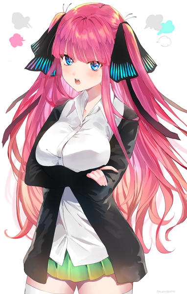 Anime-Bild 2100x3300 mit go-toubun no hanayome nakano nino hoerutarou single long hair tall image looking at viewer blush fringe highres breasts open mouth blue eyes simple background large breasts standing white background pink hair blunt bangs fingernails