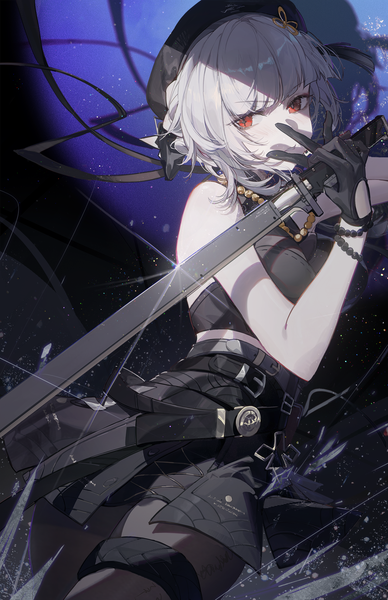 Anime picture 1200x1855 with wuthering waves sanhua (wuthering waves) kuroduki (pieat) single tall image looking at viewer fringe short hair red eyes silver hair blunt bangs tacet mark (wuthering waves) girl gloves weapon pantyhose sword black gloves black pantyhose beret