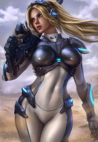 Anime picture 2991x4335 with starcraft blizzard entertainment nova (starcraft) logan cure single long hair tall image highres breasts open mouth blue eyes blonde hair large breasts standing holding payot looking away sky cloud (clouds) outdoors