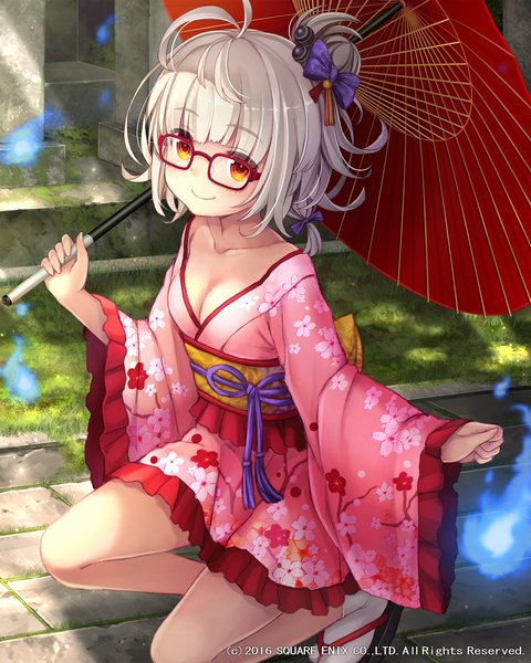 Anime picture 1800x2250 with lost crusade square enix namaru (summer dandy) single tall image looking at viewer fringe highres short hair breasts light erotic smile holding cleavage silver hair ahoge traditional clothes japanese clothes off shoulder wide sleeves