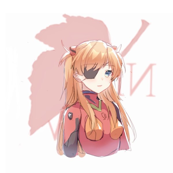 Anime picture 1612x1611 with neon genesis evangelion rebuild of evangelion gainax soryu asuka langley yunluo single long hair looking at viewer blue eyes white background upper body orange hair two side up nerv girl bodysuit eyepatch pilot suit